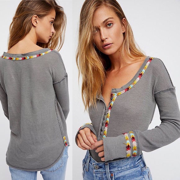 Free People Tops - •Free People• Rainbow Thermal Henley Gray Boho